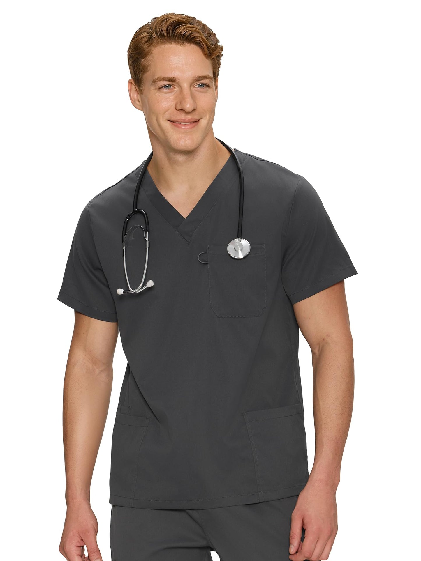 Orion V-Neck Scrub Top, Dark Grey, Front Styling View