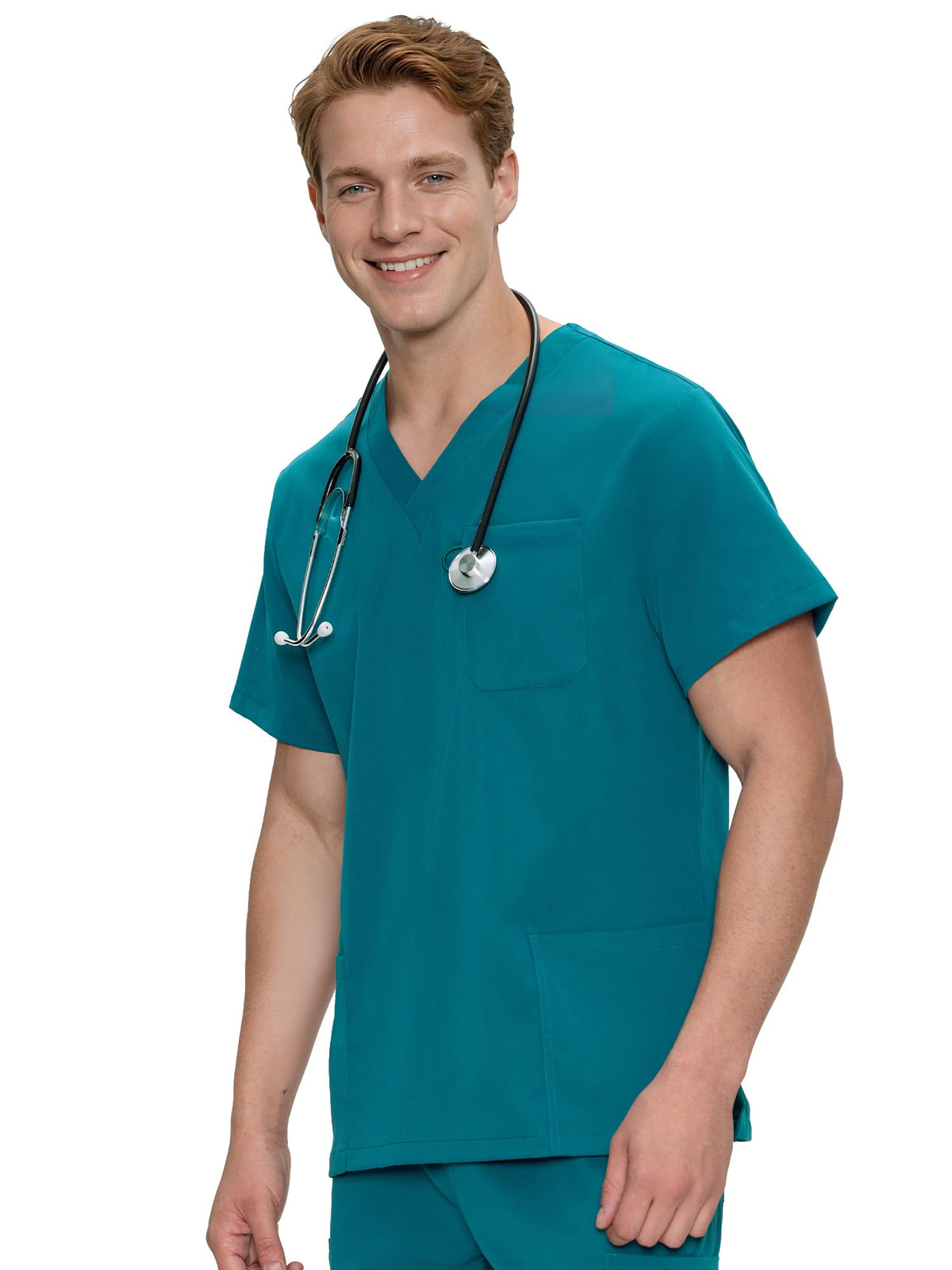 Orion V-Neck Scrub Top, Caribbean Blue, Angled Front View