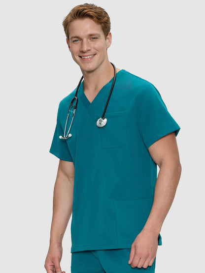 Orion V-Neck Scrub Top, Caribbean Blue, Angled Front View