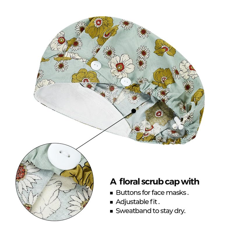 Adjustable Button Scrub Cap — B19-Amber Blossom Breeze — Single Layer — 2