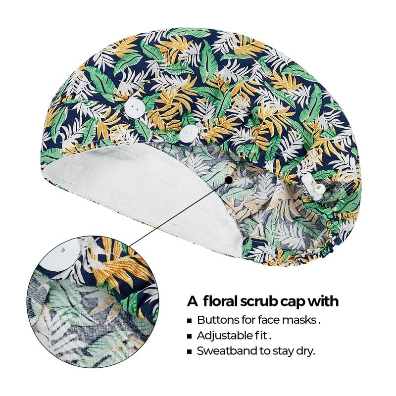 Adjustable Button Scrub Cap — B08-Tropical Foliage — Single Layer — 2