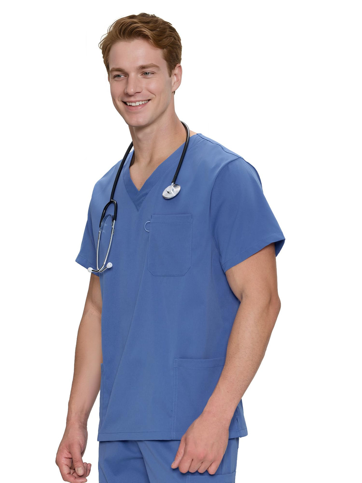 Orion V-Neck Scrub Top, Ceil Blue, Angled Front View
