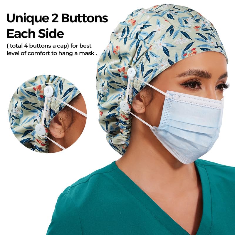 Adjustable Button Scrub Cap — B07-Berry Leaves — Single Layer — 3