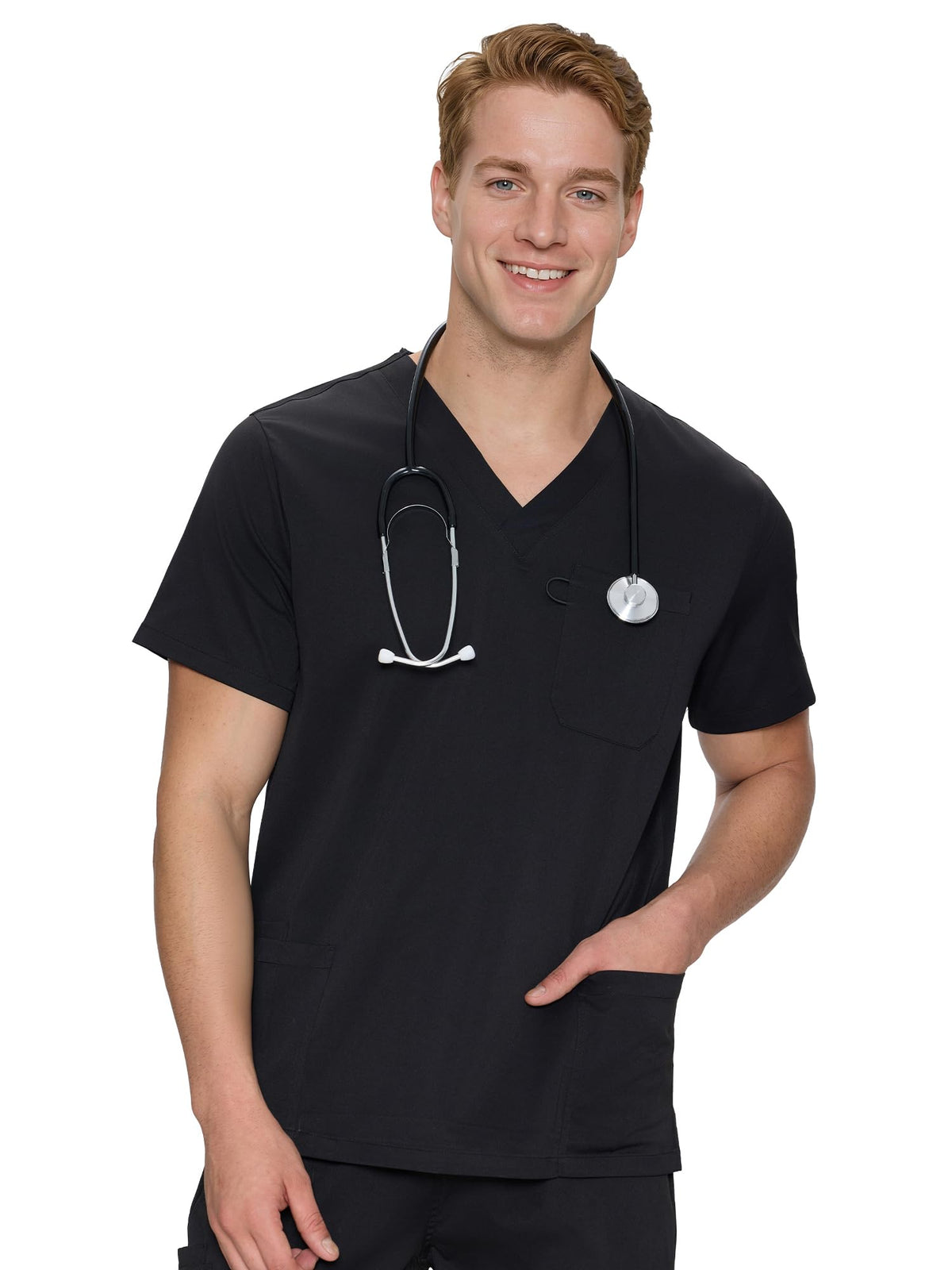 Orion V-Neck Scrub Top, Black, Front View