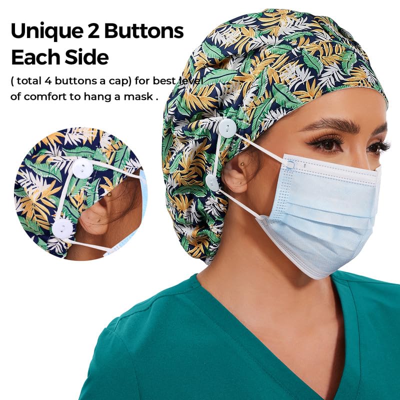 Adjustable Button Scrub Cap — B08-Tropical Foliage — Single Layer — 3