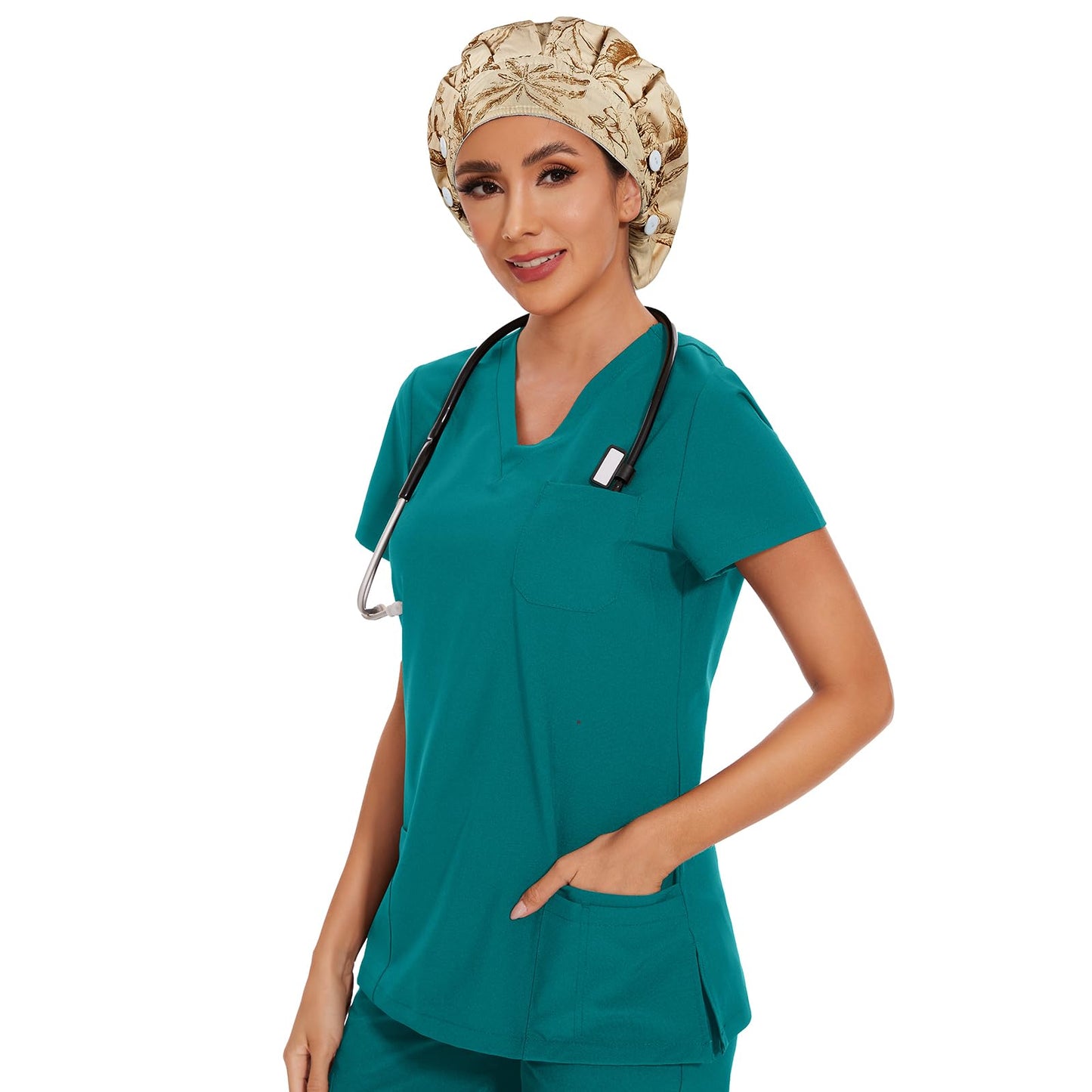 Adjustable Button Scrub Cap — B18-Etched Botanicals — Single Layer — 6