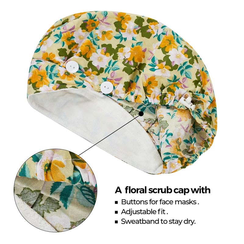 Adjustable Button Scrub Cap — B20-Spring Bloom — Single Layer — 2