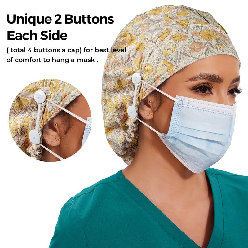 Adjustable Button Scrub Cap — B05-Golden Floral Lace — Single Layer — 3