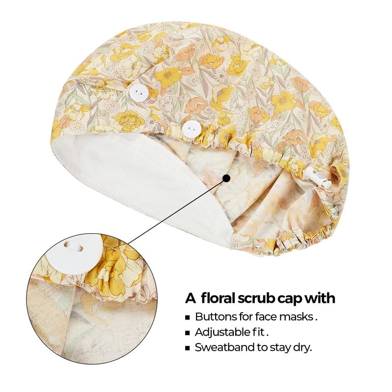 Adjustable Button Scrub Cap — B05-Golden Floral Lace — Single Layer — 2