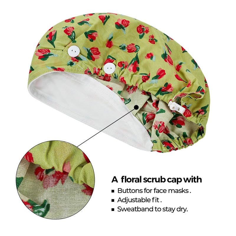 Adjustable Button Scrub Cap — B11-Tulip Garden — Single Layer — 2