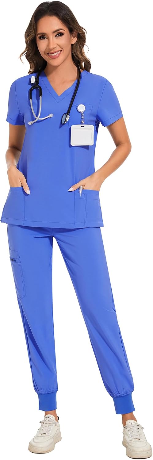 Luna Scrub Set — Ceil Blue/Royal Blue Stitch — 1