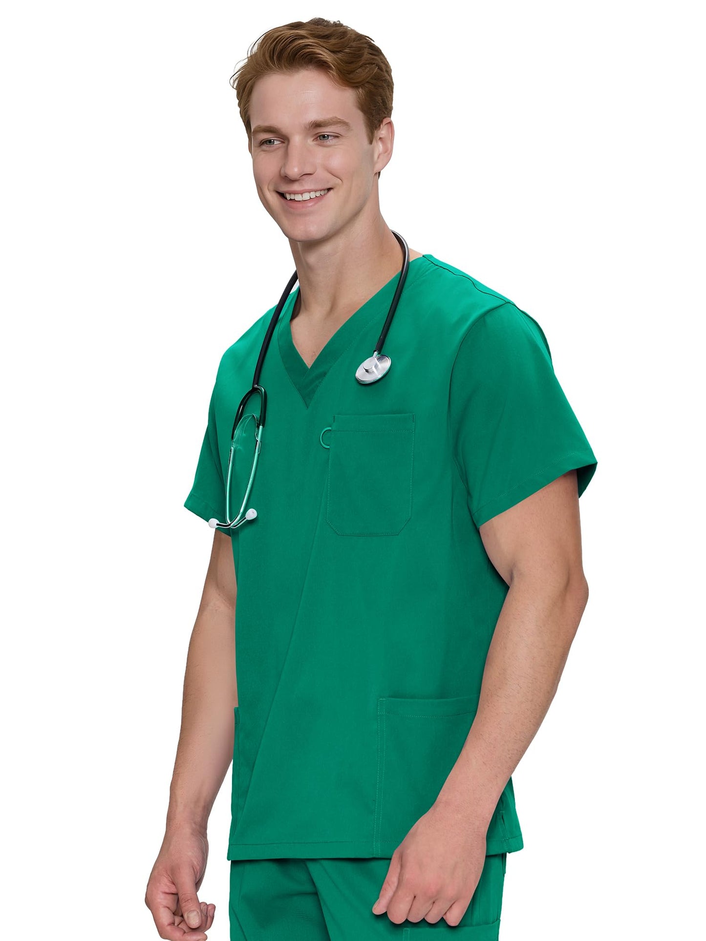 Orion V-Neck Scrub Top, Hunter Green, Angled Front View