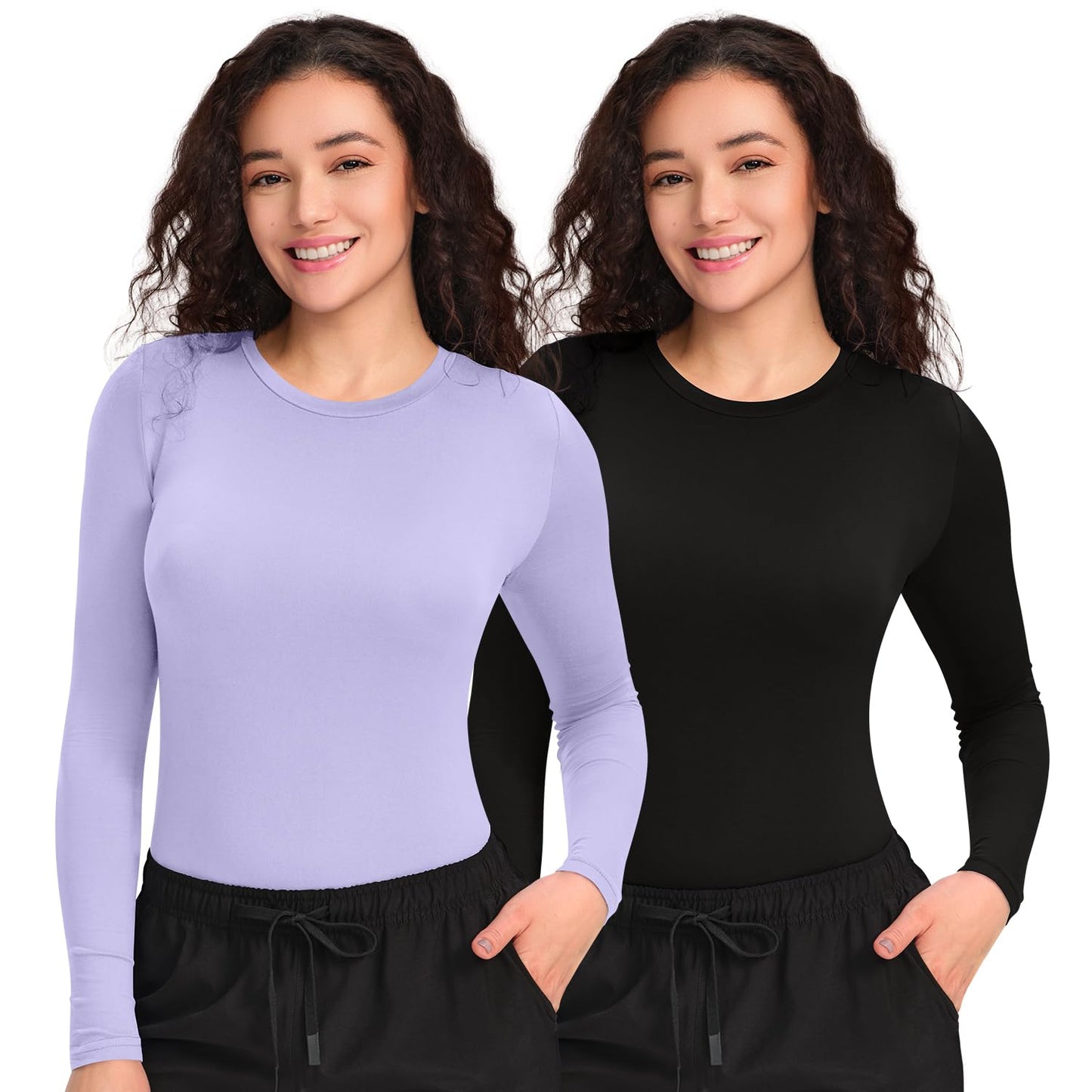 CSDD03 Women's 2-Pack Long-Sleeve Underscrub Top — Black/Light Purple — 1