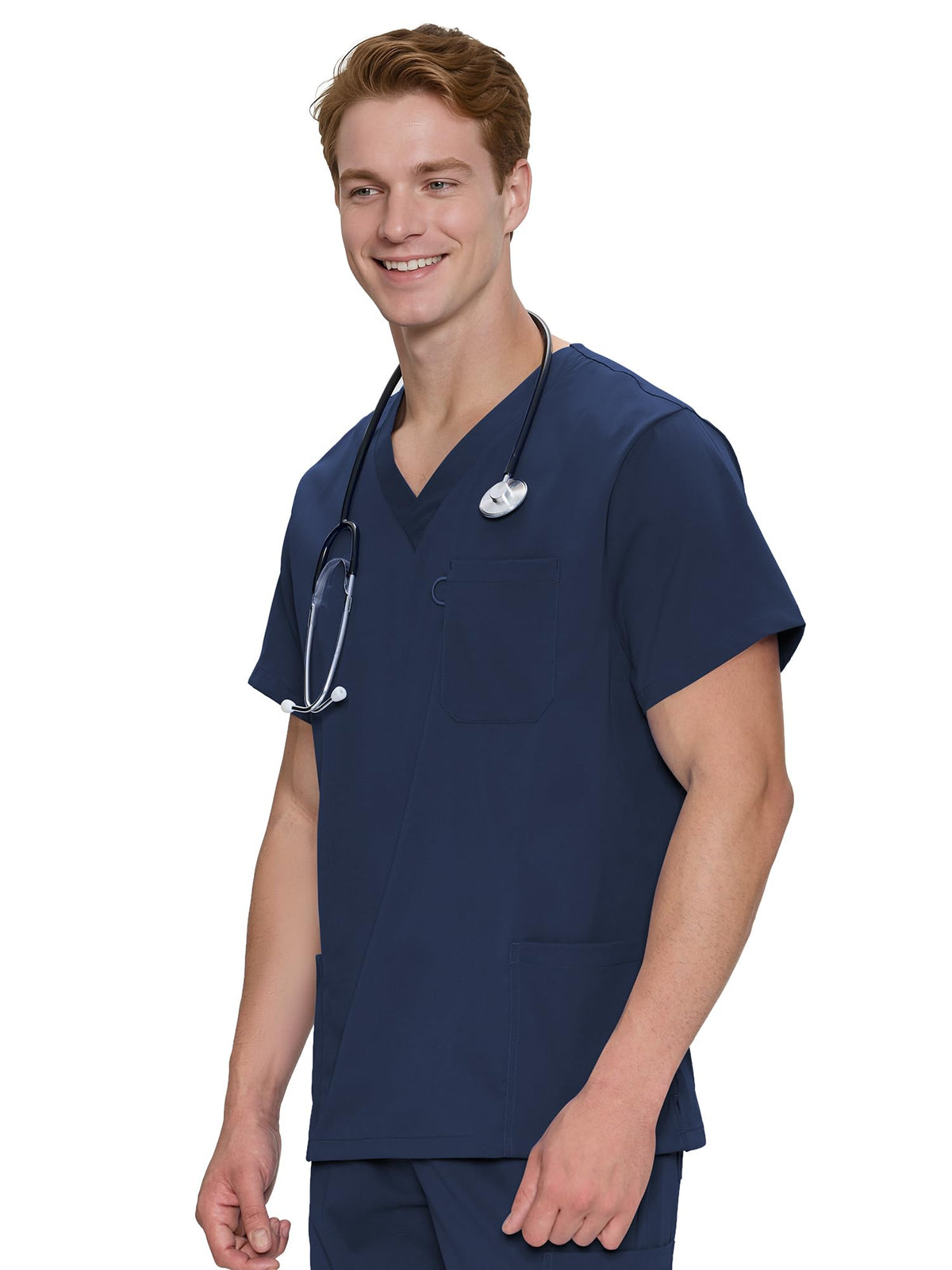 Orion V-Neck Scrub Top, Navy Blue, Angled Front View