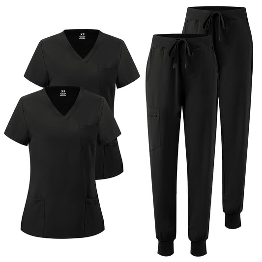 Luna 2-Pack V-Neck Jogger Scrub Set — Black/Black — 1