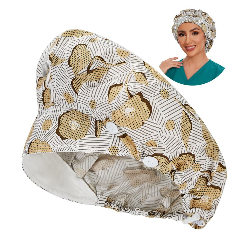 Adjustable Button Scrub Cap — B09-Golden Ginkgo Stripes — Single Layer — 1