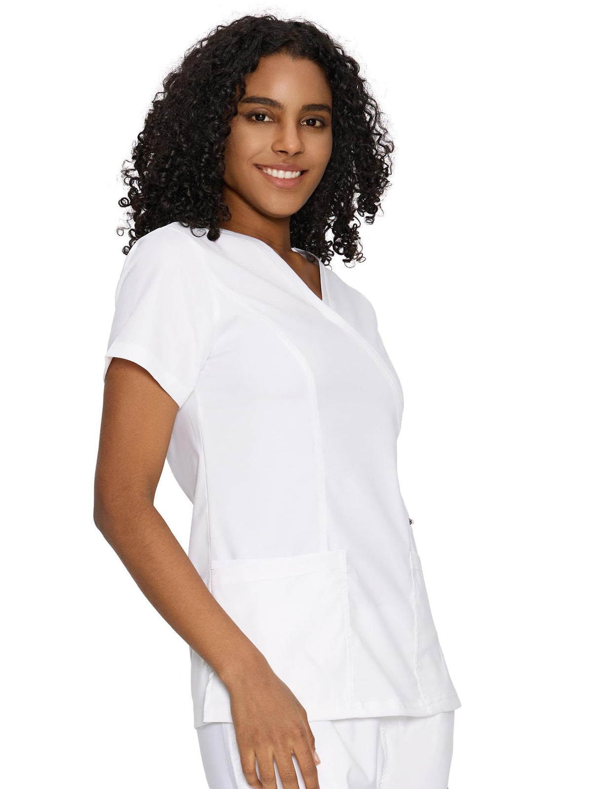 Venus Mock Wrap Scrub Top, White, Model Front View