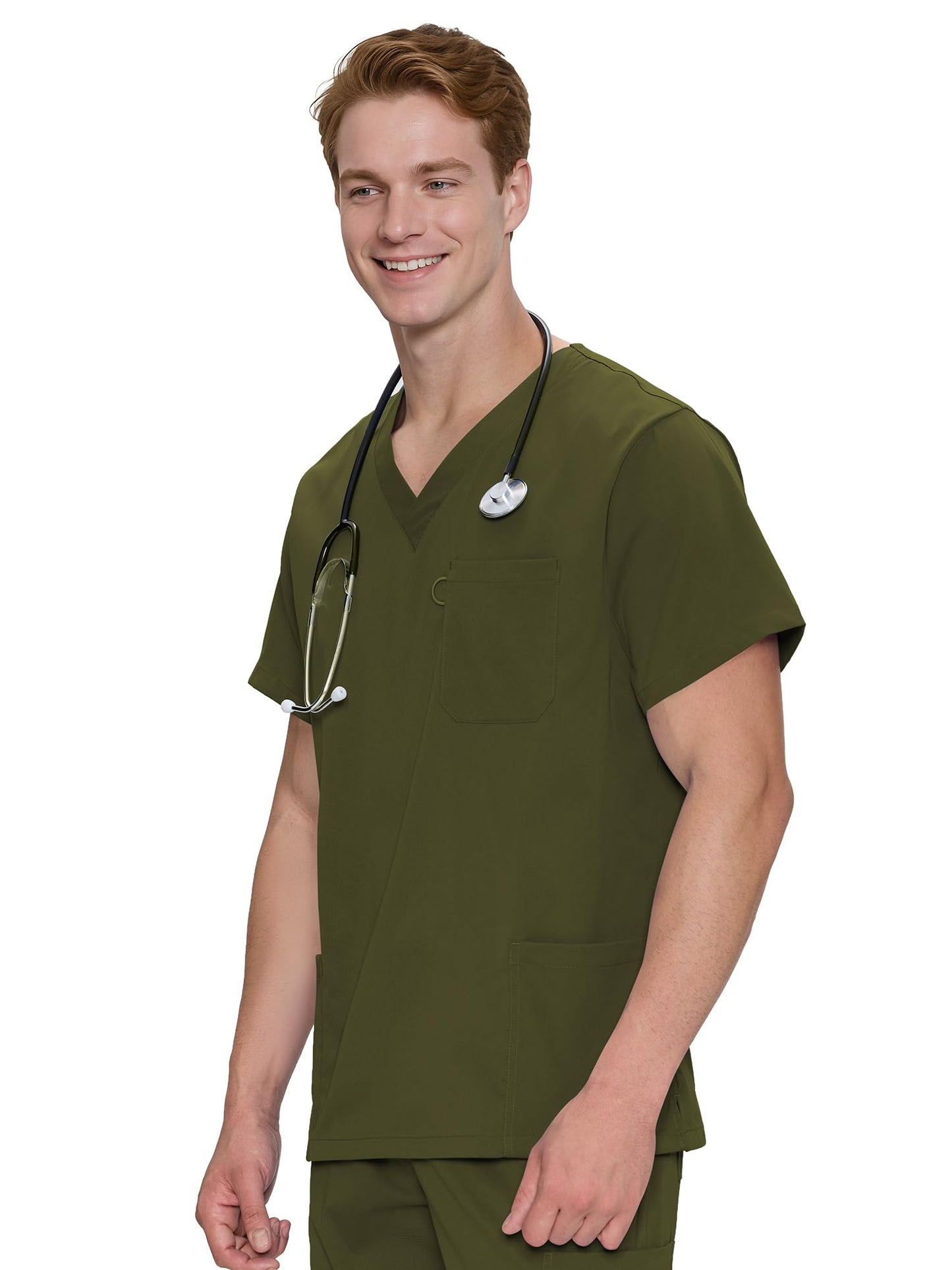 Orion V-Neck Scrub Top, Olive Green, Angled Front View