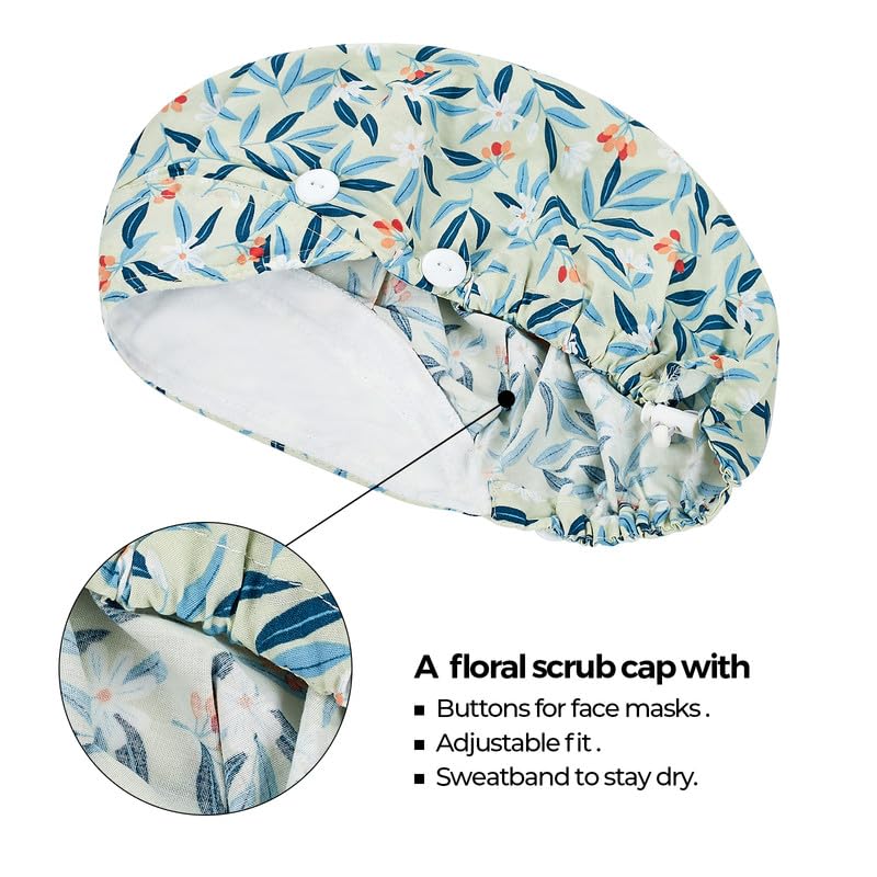 Adjustable Button Scrub Cap — B07-Berry Leaves — Single Layer — 2