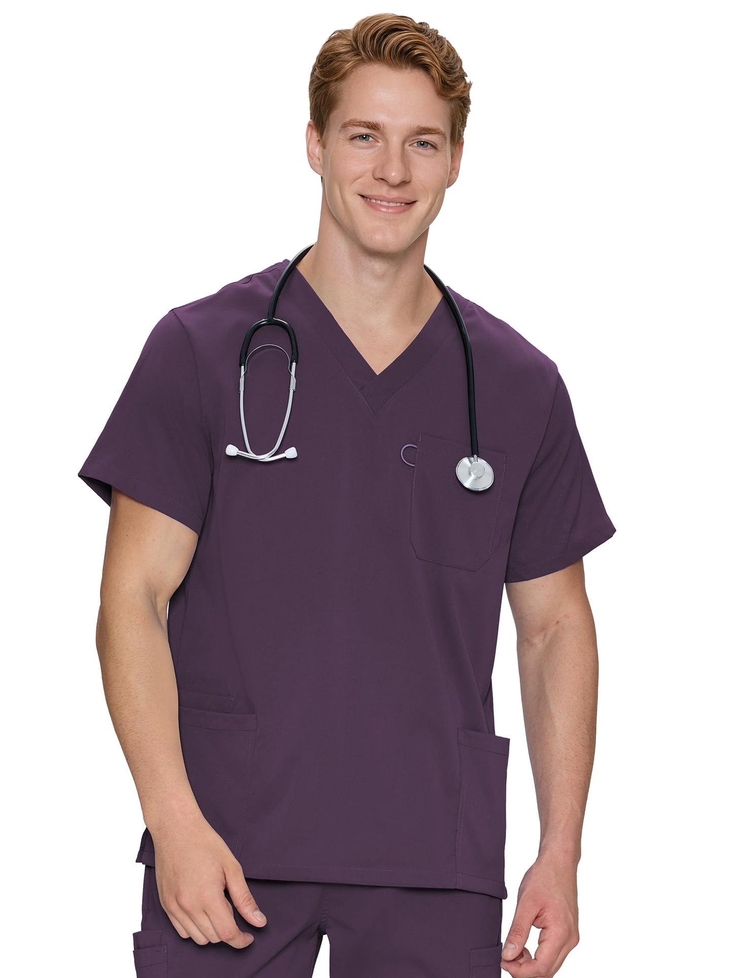 Orion V-Neck Scrub Top, Purple, Front Styling View
