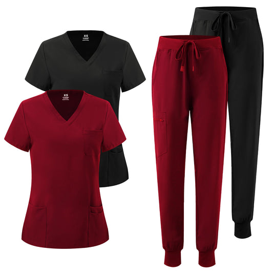 Luna 2-Pack V-Neck Jogger Scrub Set — Black/Burgundy — 1