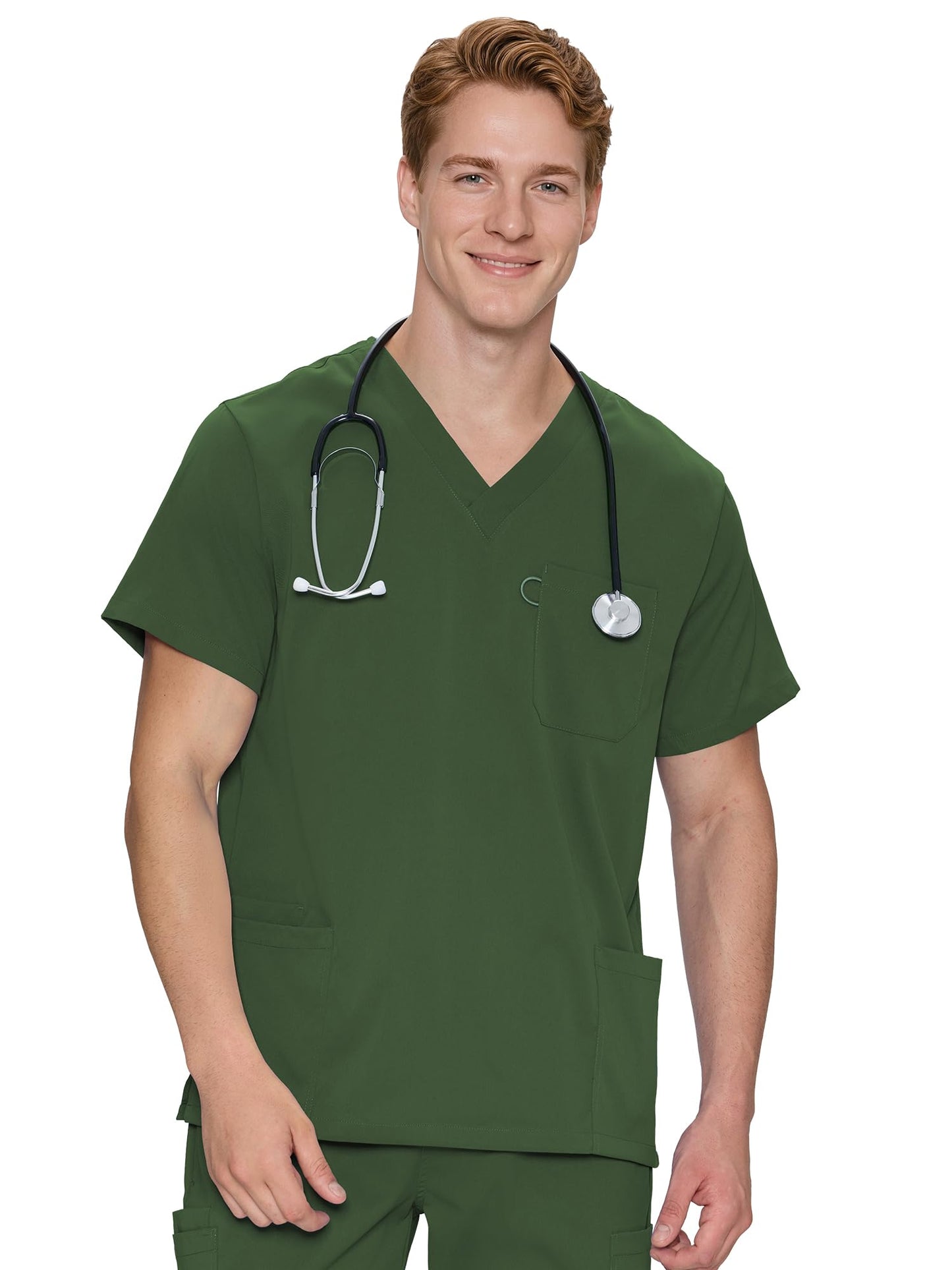 Orion V-Neck Scrub Top, Army Green, Front Styling View