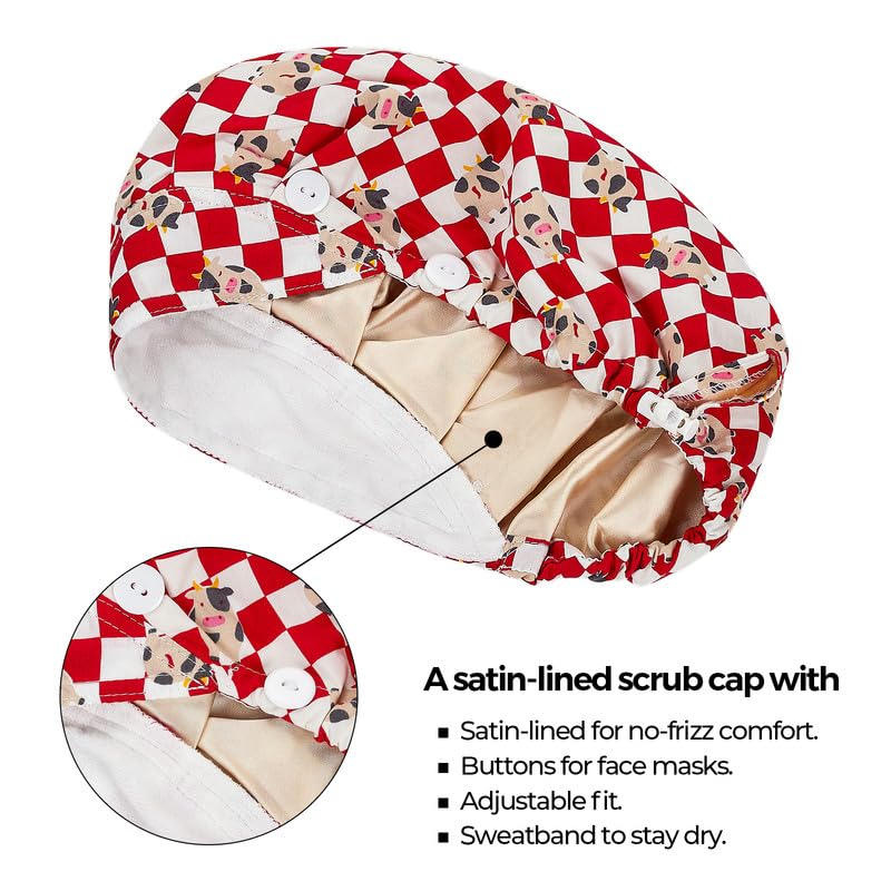 Adjustable Button Scrub Cap — B04-Red Checkered Calf — Satin Lined — 2