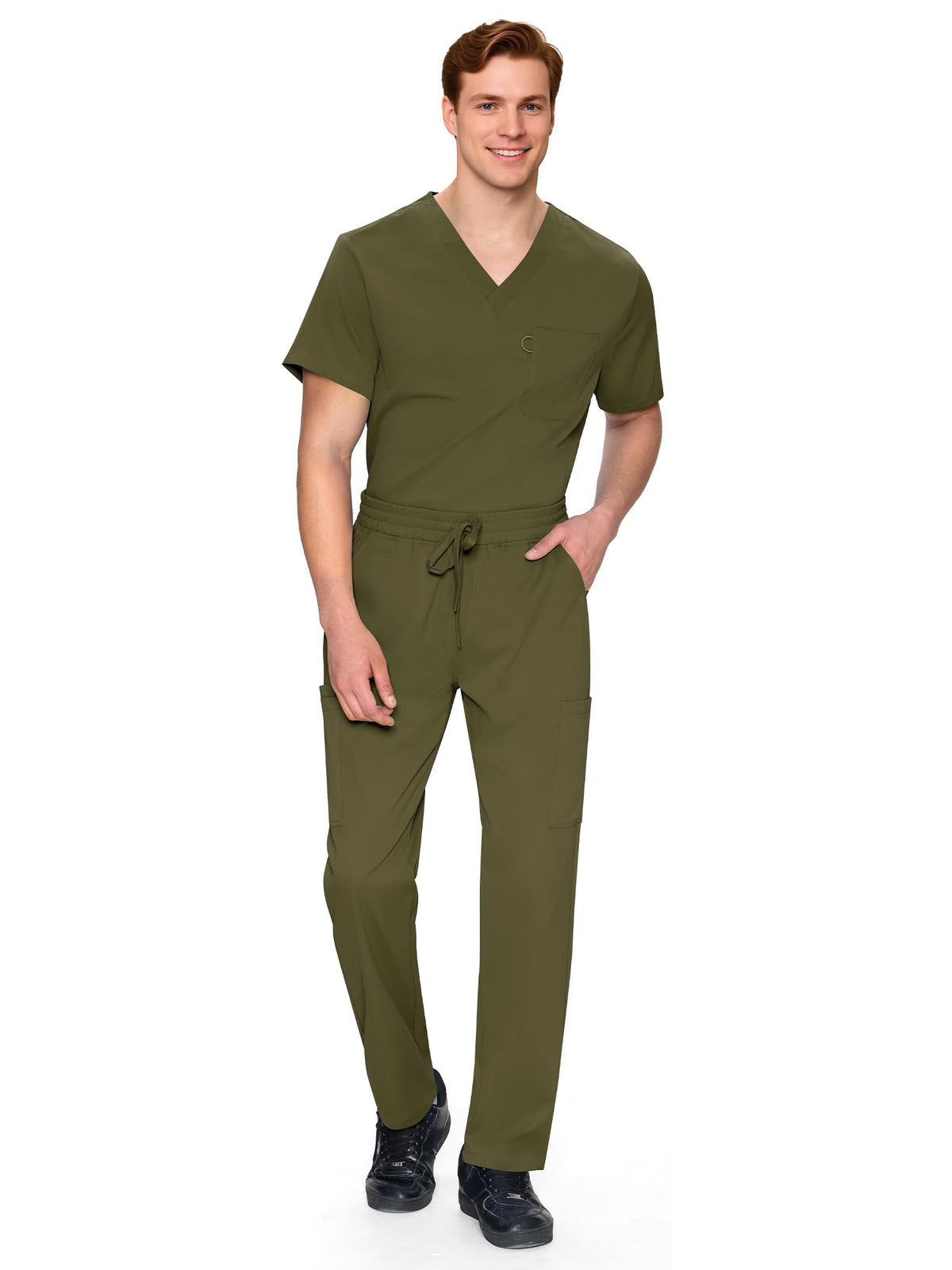 Orion V-Neck Scrub Top, Olive Green, Full-Length Styling View
