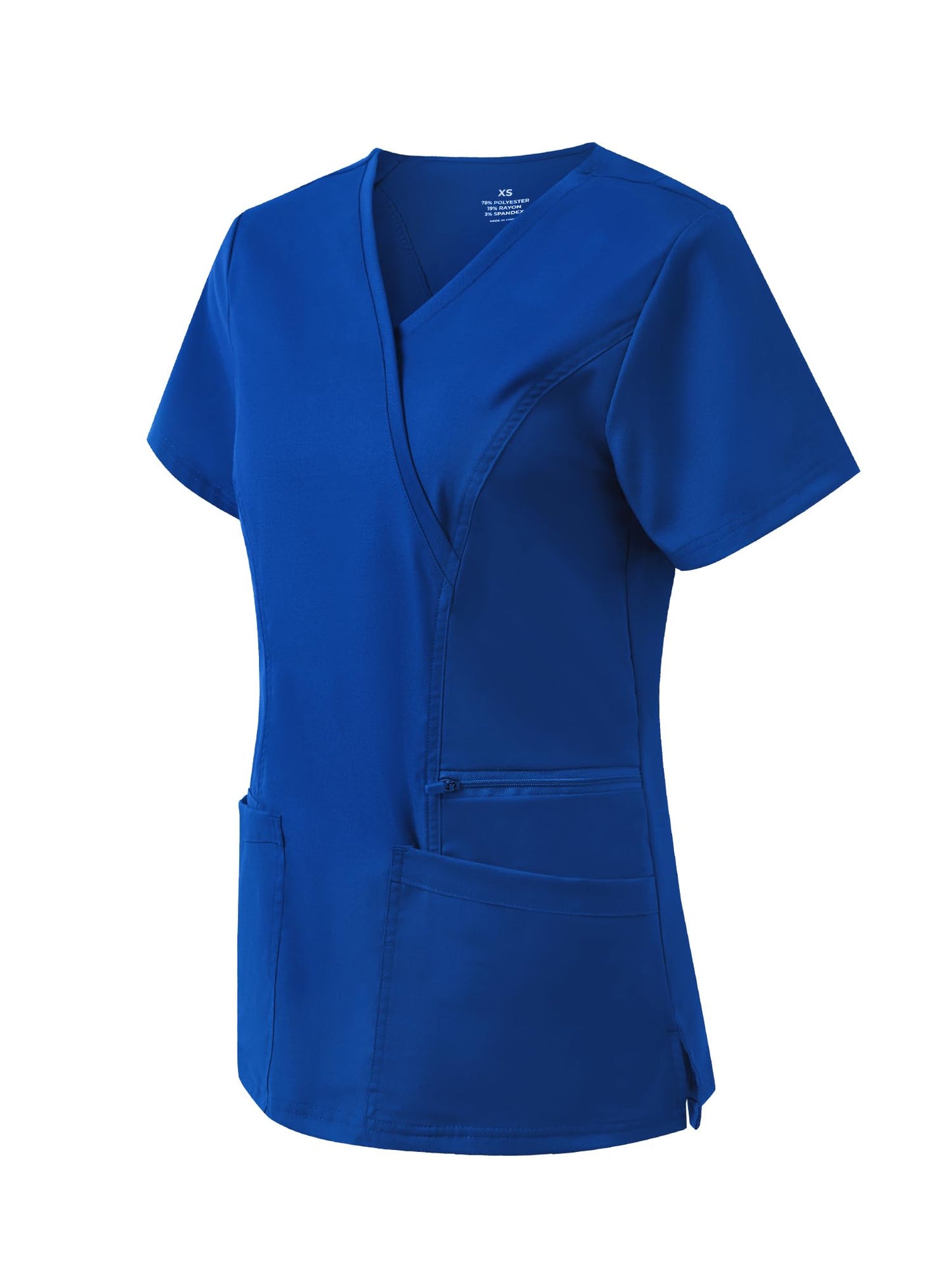 Venus Mock Wrap Scrub Top, Royal Blue, Angled Front View