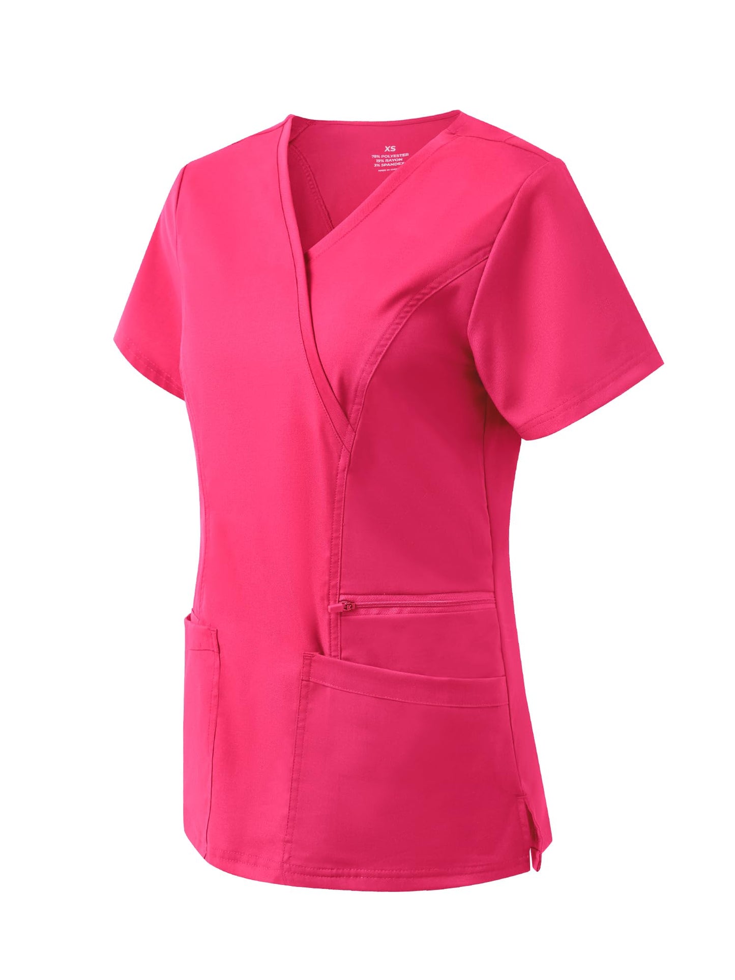 Venus Mock Wrap Scrub Top, Hot Pink, Angled Front View