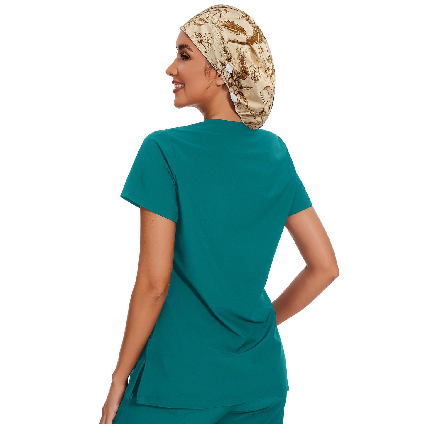 Adjustable Button Scrub Cap — B18-Etched Botanicals — Single Layer — 5