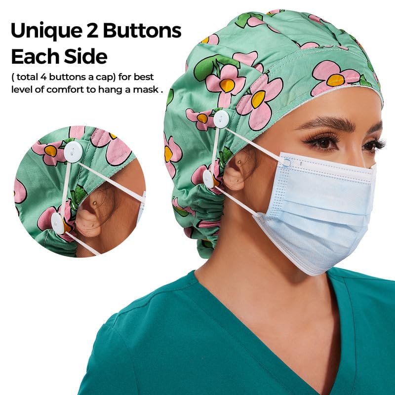 Adjustable Button Scrub Cap — B12-Spring Blossom Breeze — Single Layer — 3