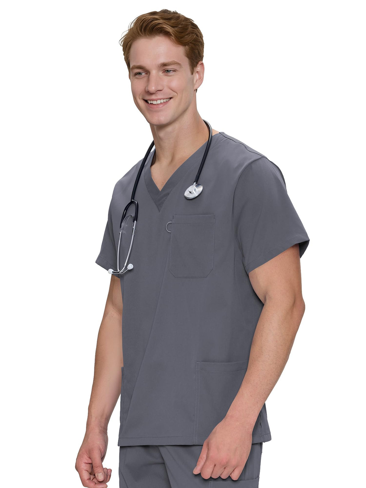 Orion V-Neck Scrub Top, Morning Mist Grey, Angled Front View