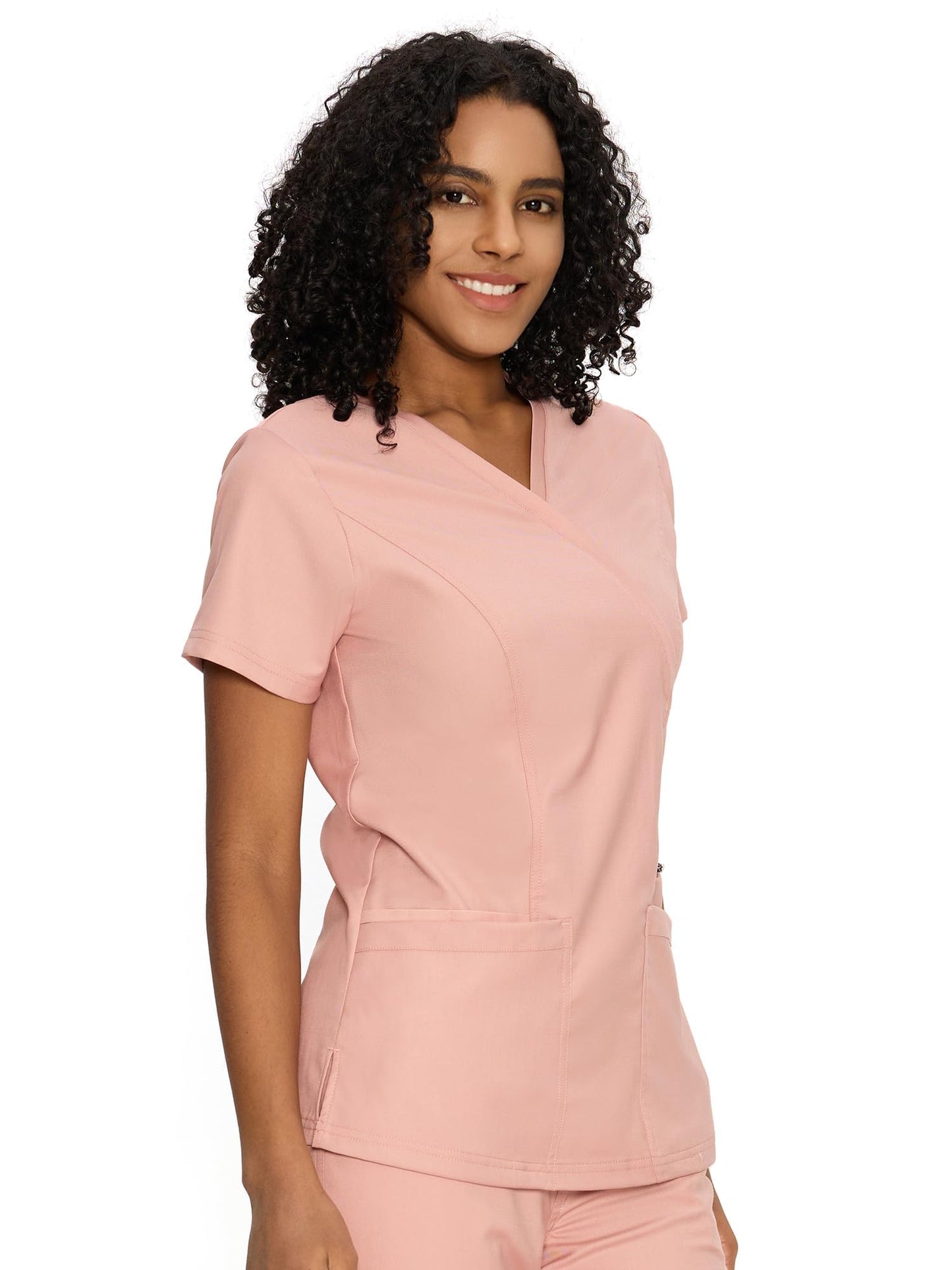 Venus Mock Wrap Scrub Top, Pink, Model Front View
