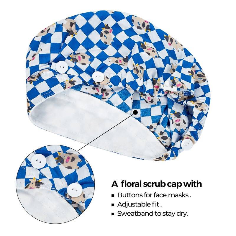 Adjustable Button Scrub Cap — B04-Blue Checkered Calf — Single Layer — 2