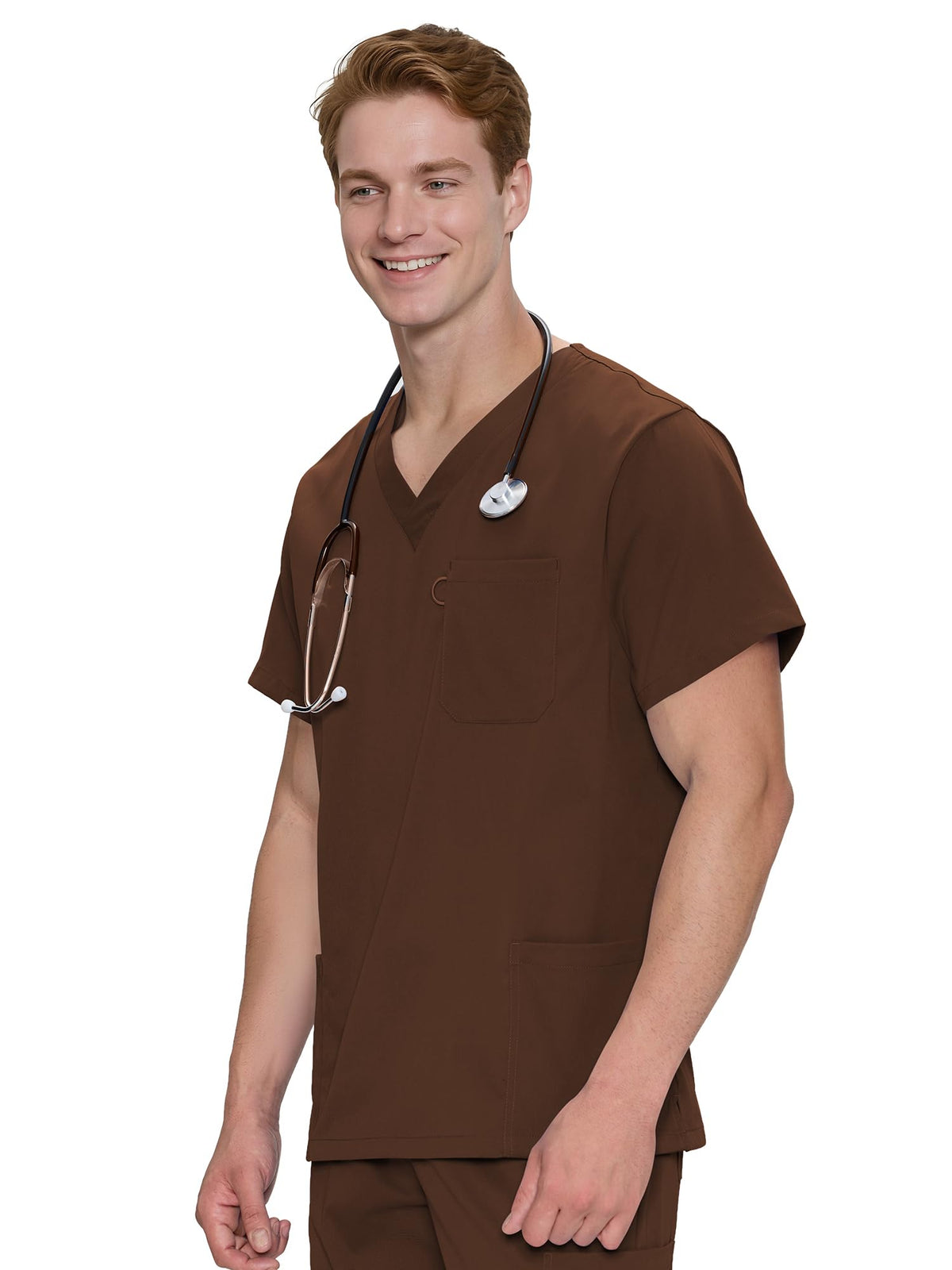 Orion V-Neck Scrub Top, Brown, Angled Front View