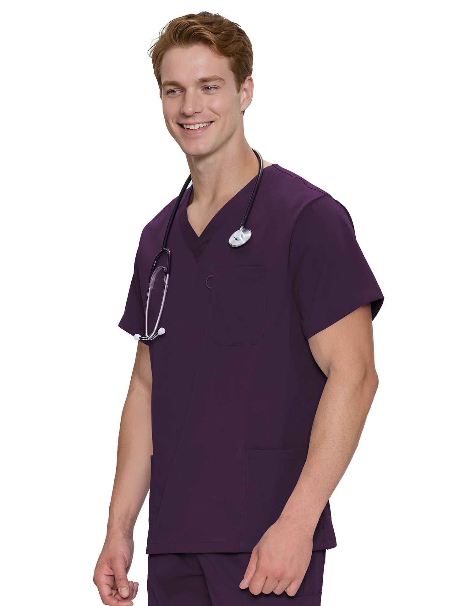 Orion V-Neck Scrub Top, Dark Purple, Angled Front View
