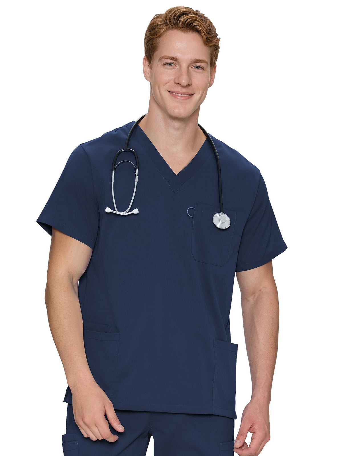 Orion V-Neck Scrub Top, Navy Blue, Front Styling View