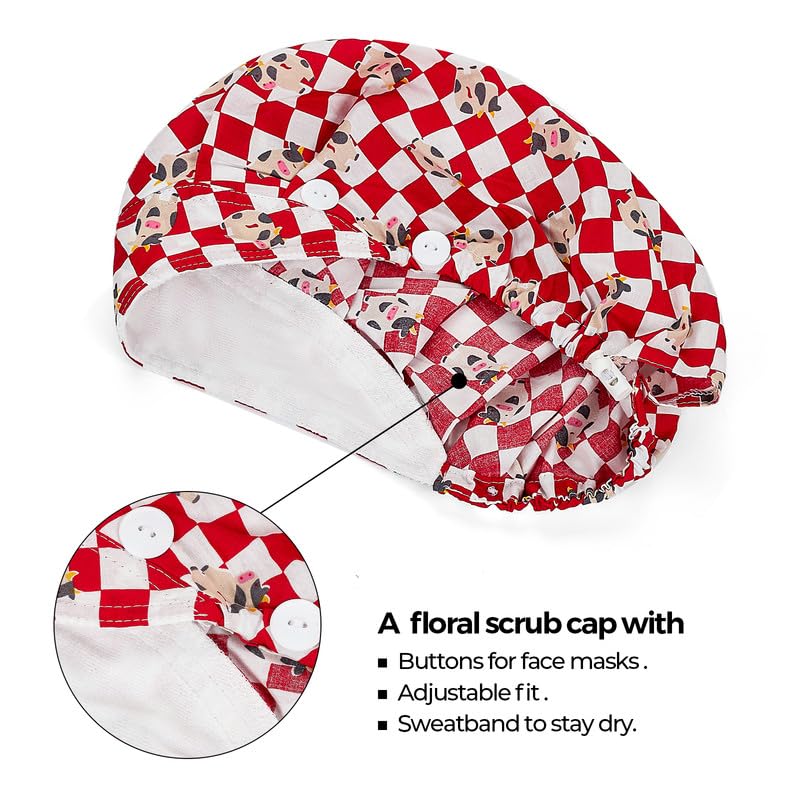 Adjustable Button Scrub Cap — B04-Red Checkered Calf — Single Layer — 2