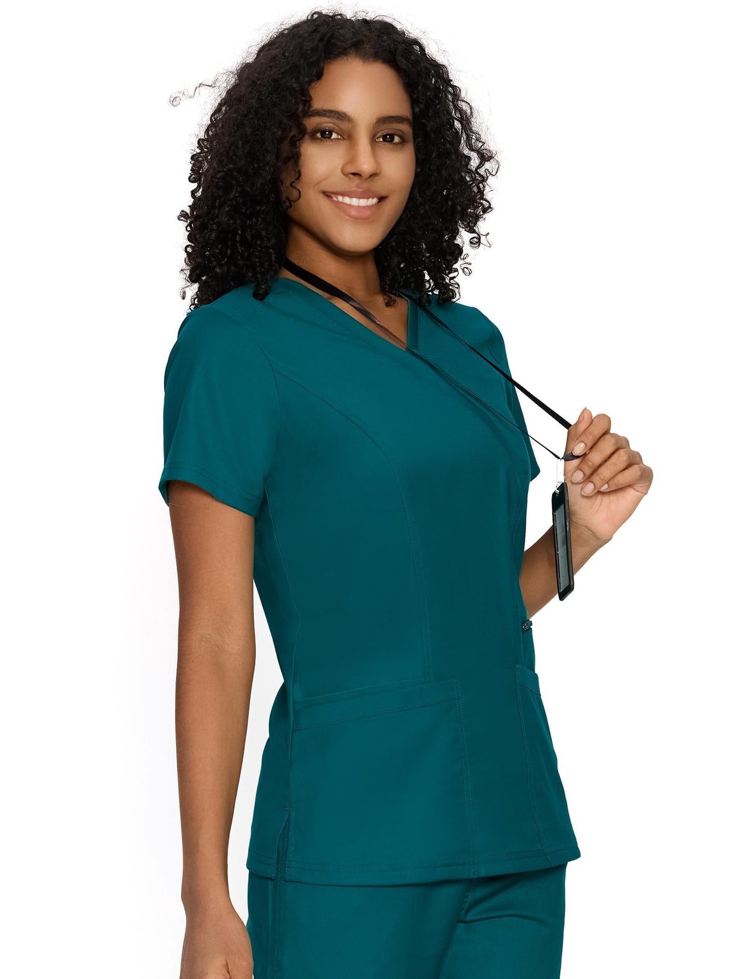 Venus Mock Wrap Scrub Top, Caribbean Blue, Model Front View