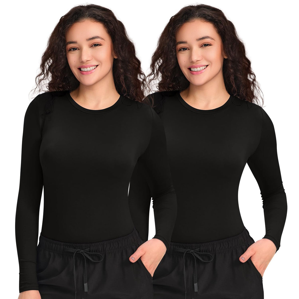 CSDD03 Women's 2-Pack Long-Sleeve Underscrub Top — Black/Black — 1