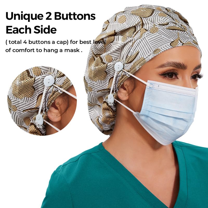 Adjustable Button Scrub Cap — B09-Golden Ginkgo Stripes — Single Layer — 3