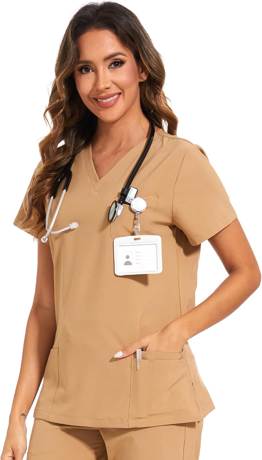 Luna V-Neck Scrub Top — Khaki — 1