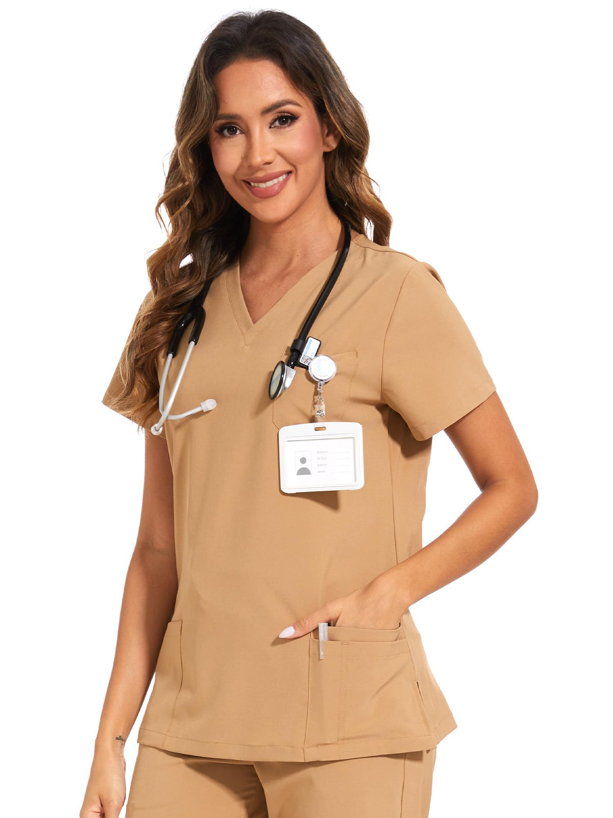 Luna V-Neck Scrub Top — Khaki — 1