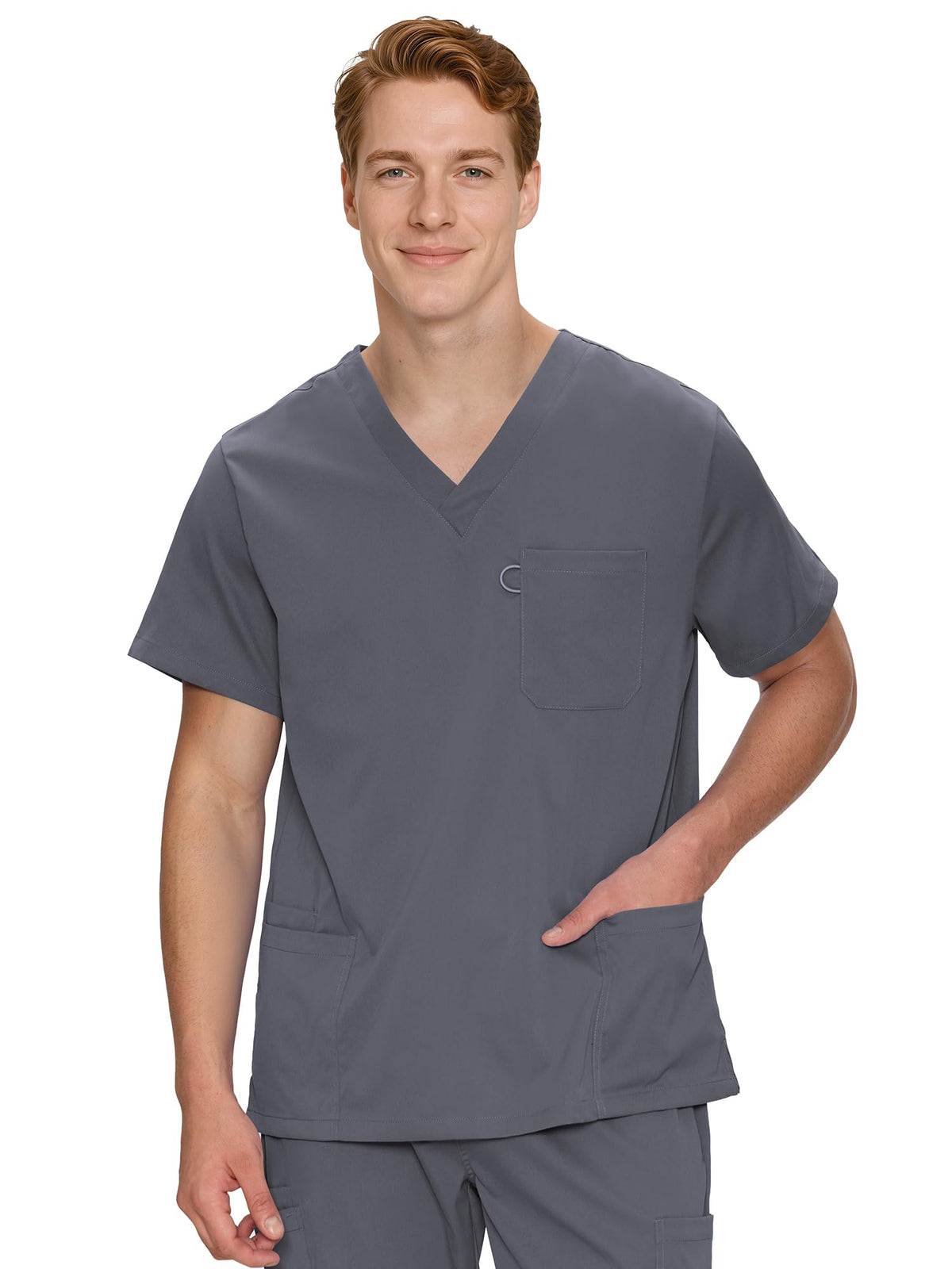 Orion V-Neck Scrub Top, Morning Mist Grey, Front View