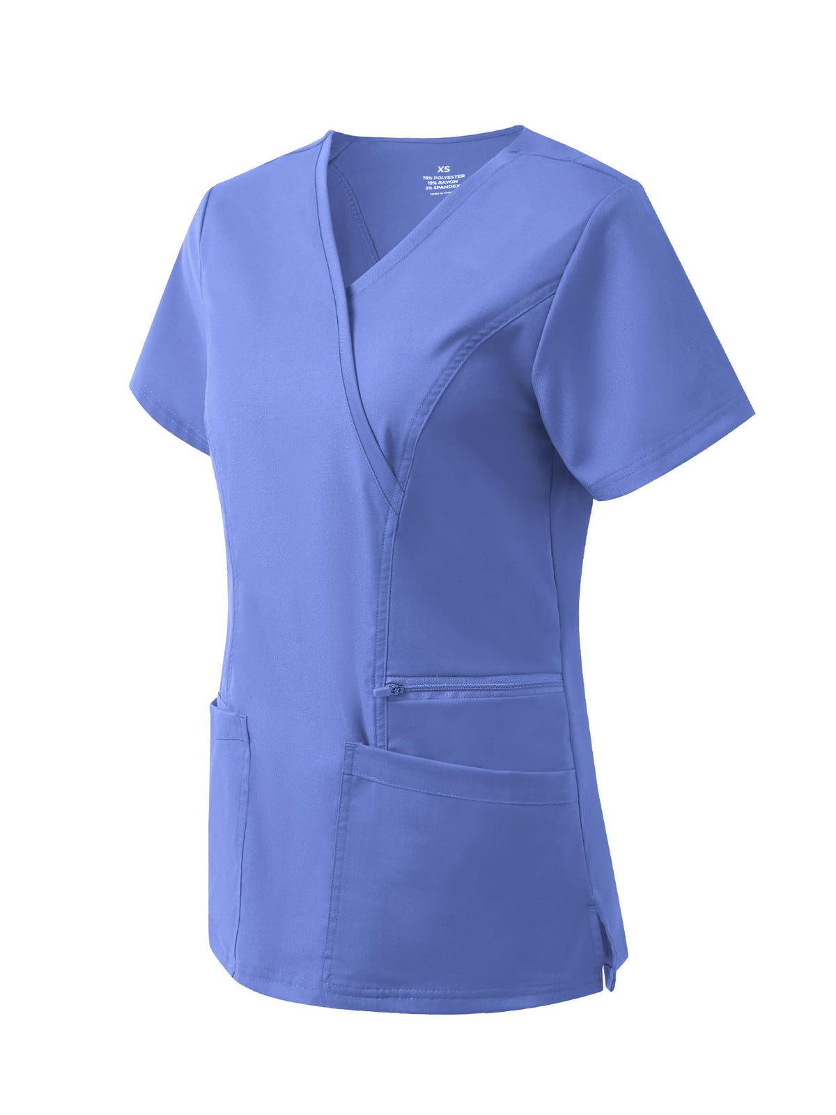 Venus Mock Wrap Scrub Top, Ceil Blue, Angled Front View