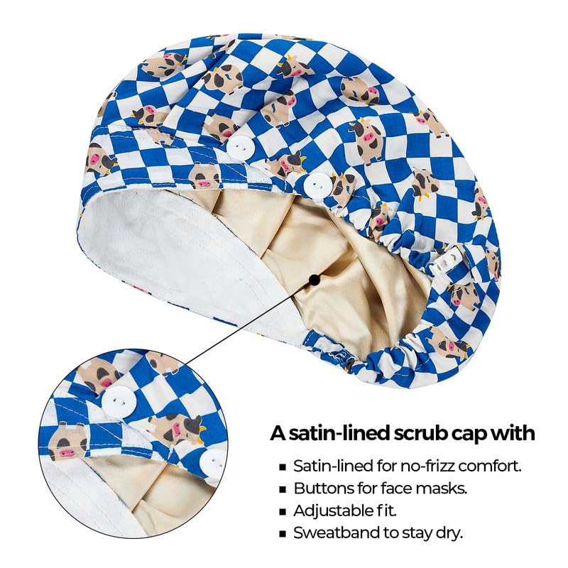 Adjustable Button Scrub Cap — B04-Blue Checkered Calf — Satin Lined — 2