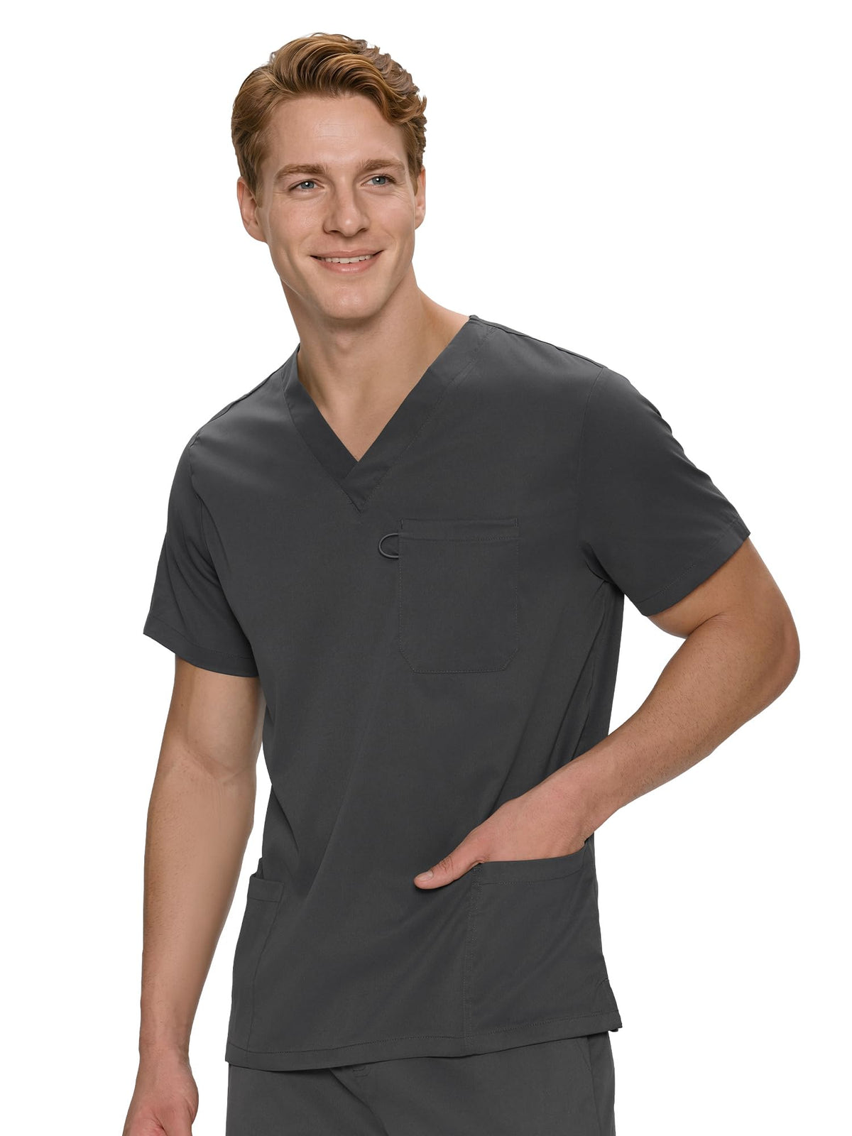 Orion V-Neck Scrub Top, Dark Grey, Angled Front View