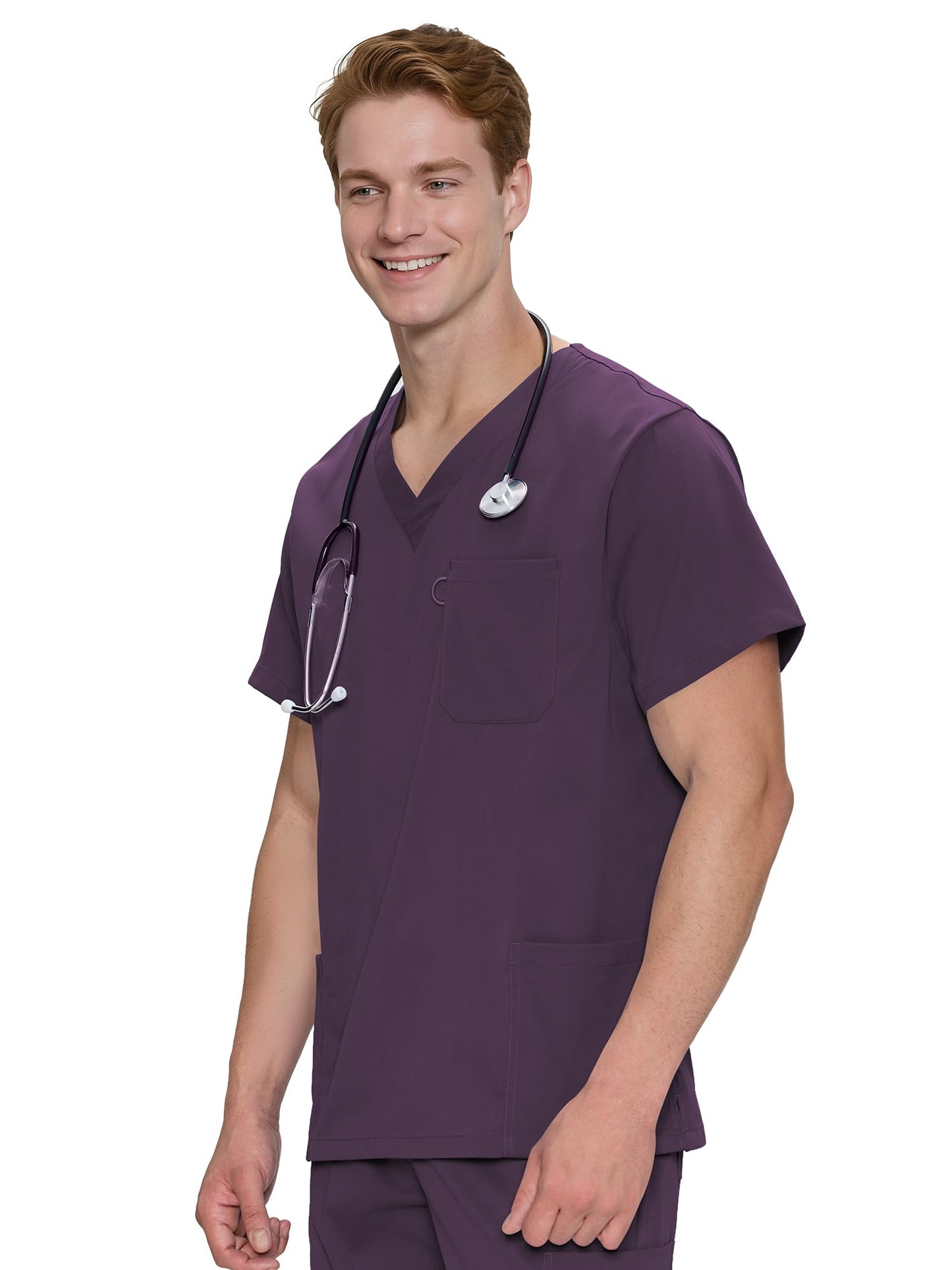 Orion V-Neck Scrub Top, Purple, Angled Front View