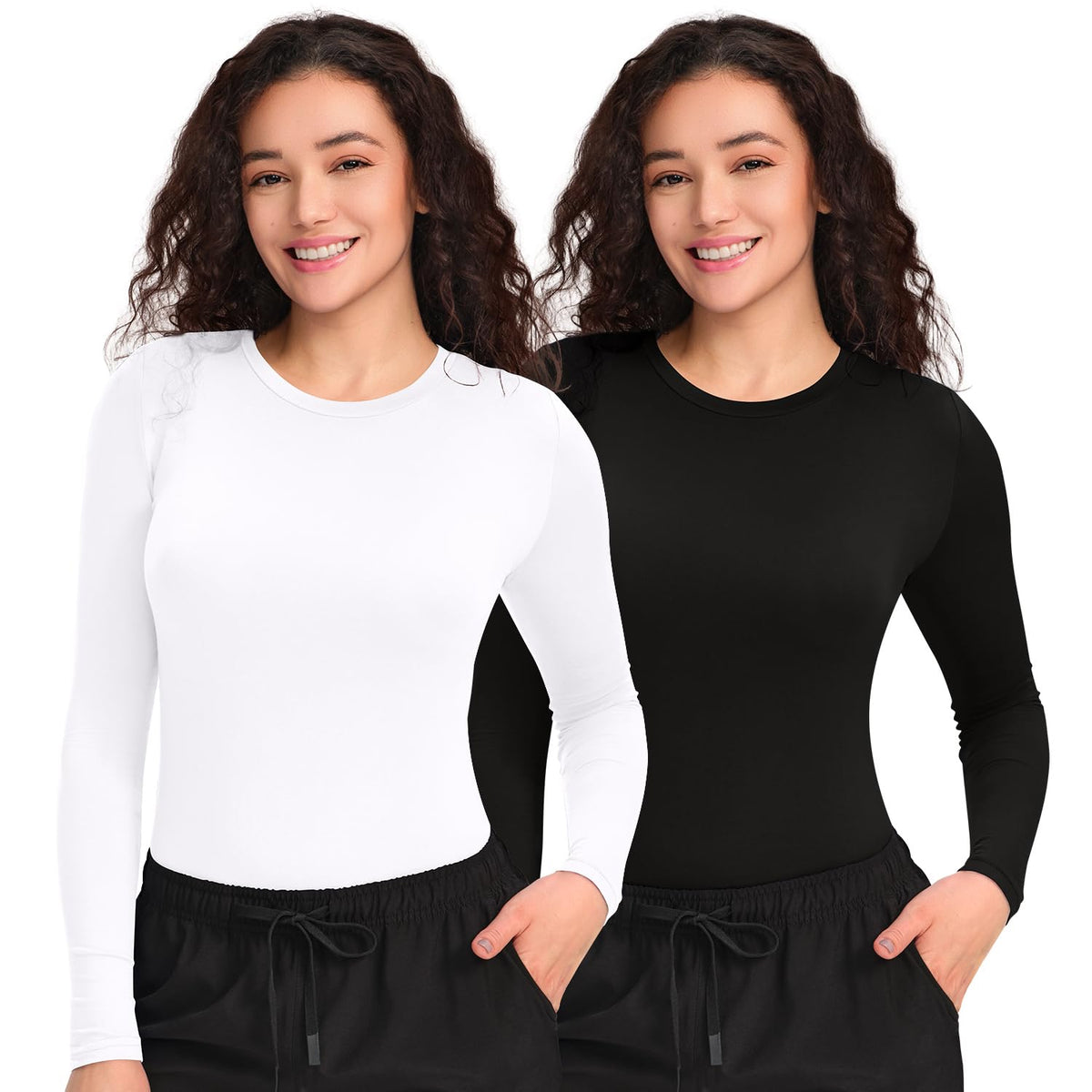 CSDD03 Women's 2-Pack Long-Sleeve Underscrub Top — Black/White — 1